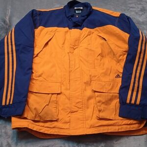 Vintage 90s Adidas Windbreaker Parka Jacket Orange Blue 3 Stripe Size Large FLAW